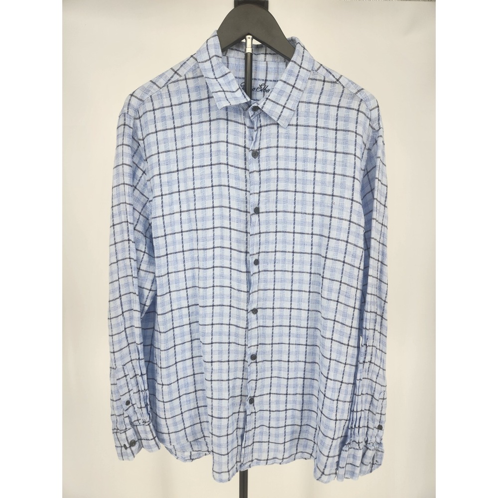 Tasso Elba Mens XL Blue Plaid‎ 100% Linen Long Sleeve Button Down Shirt